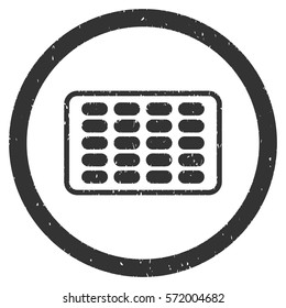 Blister grainy textured icon inside circle for overlay watermark stamps. Flat symbol with dust texture. Circled dotted vector gray ink rubber seal stamp with grunge design on a white background.