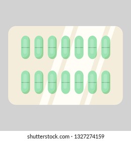 Blister of green pills. Drugs, painkillers, remedy. Treatment concept. Vector illustration can be used for topics like cure, therapy, medication, pharmacy