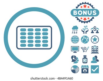 Blister icon with bonus images. Vector illustration style is flat iconic bicolor symbols, cyan and blue colors, white background.