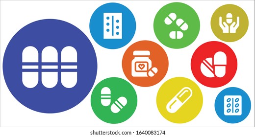blister icon set. 9 filled blister icons.  Simple modern icons such as: Pills, Pill