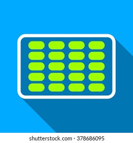 Blister long shadow vector icon. Style is a flat light symbol with rounded angles on a blue square background.
