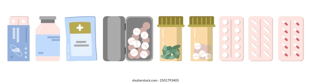 Blister and medicine for treatment and health care. Vector isolated set of empty pills and drugs. Pharmacology and prescription for patients from doctors, clinics and hospitals, antibiotic