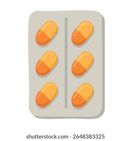 Blister pack with bright orange capsules. Flat cartoon vector illustration for health and medicine.