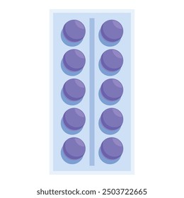 Blister pack containing round purple pills arranged in two rows for the treatment of diseases