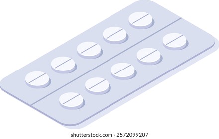 Blister pack containing round white pills with a dividing line is lying on a white surface, representing pharmaceutical products, healthcare, and medication