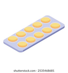 Blister pack containing round yellow pills is lying on a white background