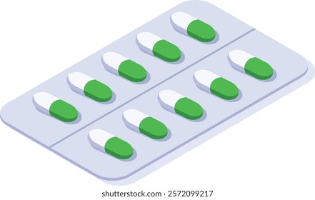 Blister pack containing ten green and white capsules arranged in two rows of five, presented in an isometric view, ideal for pharmaceutical or healthcare related projects