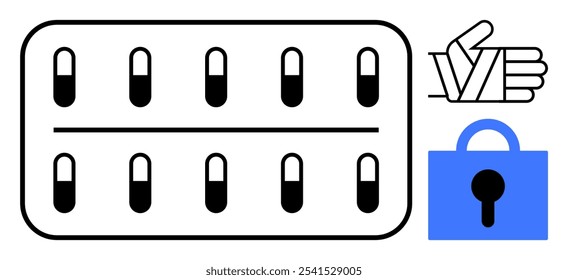 Embalagem blister de cápsulas médicas com um símbolo de polegar para cima e fechadura de segurança azul. Ideal para serviços de saúde, segurança de medicamentos, produtos farmacêuticos, aprovação médica e transações seguras. Plano
