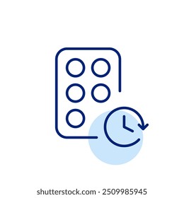 Blister pack of pills and clock. Scheduled and timed medication routine. Pixel perfect, editable stroke icon