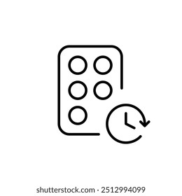 Blister pack of pills and clock. Scheduled and timed medication routine. Pixel perfect vector icon