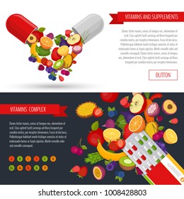 Blister pack of pills with fruit. Vitamins and supplements. Healthcare banner. Flat style, vector illustration.