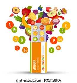 Blister pack of pills with fruit. Vitamins and supplements. Flat style, vector illustration.