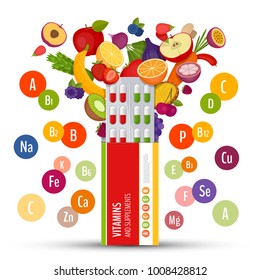 Blister pack of pills with fruit. Vitamins and supplements. Flat style, vector illustration.