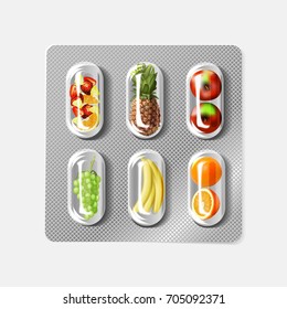 Blister pack of pills with fruit. Vitamins.