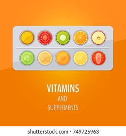Blister pack of pills with fruit. Vitamins and supplements. Flat style, vector illustration.