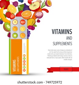 Blister pack of pills with fruit. Vitamins and supplements. Flat style, vector illustration.