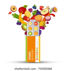 Blister pack of pills with fruit. Vitamins and supplements. Flat style, vector illustration.