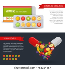 Blister pack of pills with fruit. Vitamins and supplements. Healthcare banner. Flat style, vector illustration.