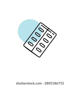 Blister pack pills icon, medication tablet strip and pharmacy drug vector illustration in clean line art style, isolated on white background for hospital, healthcare, prescription and treatment design