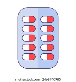 Blister pack with pills icon. Rectangular plate with medicine capsules, medical stroked cartoon element for modern and retro design. Simple color vector pictogram isolated on white background