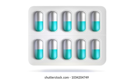 Blister pack with pills for illness. Realistic template of packaging for medical drugs for tablets, vitamin, antibiotics. Vector 3D illustrations of pack isolated on white background.