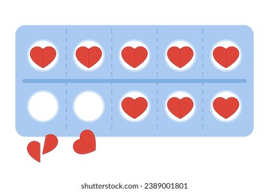 Blisterpackung mit Tabletten in verliebter Herzform. Behandlung von Herzkrankheiten. Verhütungsmedikation. Liebes Heilmittel. Packung mit Viagra Tabletten zur Herzform. Vektorgrafik.