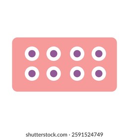 A blister pack of pills provides an easy way to manage prescribed dosages, and is also often used to dispense medications. The package is pink, with purple and white pills.