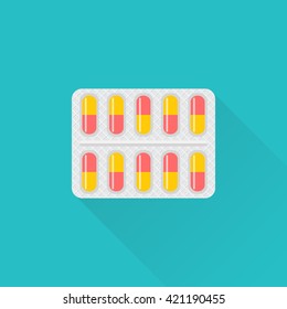 Blister pack of pills. Blister tablets. Healthcare concept. Capsule packaging. Vector illustration flat design. Medications. Accessory pharmacies and first aid kits.