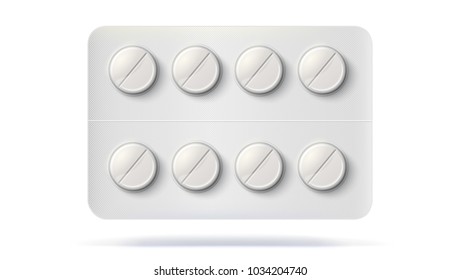 Blister pack with pills for treatment of illness. Realistic template of packaging for medical drugs for tablets, vitamin, antibiotics. Vector 3D illustrations of pack isolated on white background.