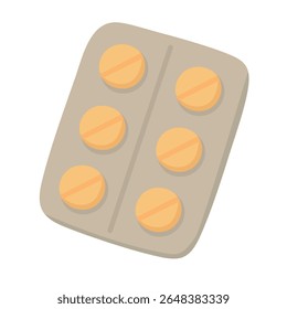 Blister pack with six orange tablets. Flat cartoon medicine icon in soft vector illustration.
