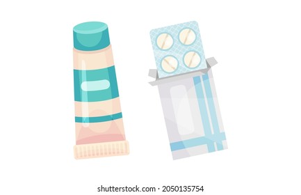 Blister Pack with Tablet or Pill and Tube as Pharmaceutical Medication Vector Set