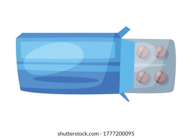 Blister Pack of Tablets in Cardboard Box, Medicine Pills, First Medical Aid Kit Element Vector Illustration on White Background