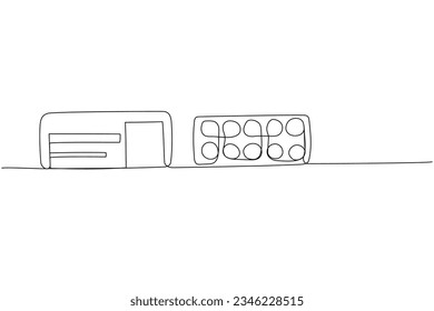 Blister pack, tablets, pills, capsules, packaged medicines, herbal, medicine one line art. Continuous line drawing of treatment, medication, medical, pharmacy, therapy, allergy
