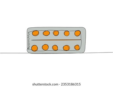 Blister, comprimidos, pastillas, cápsulas, medicamentos envasados, hierbas, medicina de una línea de color arte. Línea continua de tratamiento, medicación, medicina, farmacia, terapia, alergia