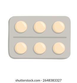 Blister pack with white round pills. Flat cartoon style medical illustration for health and pharmacy.