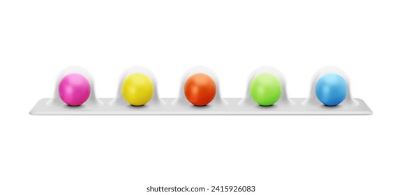 Blister package with colorful chewing gum or candies, volumetric 3d vector illustration or icon isolated on white background. Cute cartoon balls of sweet bubble gum in realistic plastic effect.