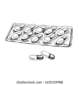 Blister package with pills, capsules or tablets. Hand drawn retro vector illustration. Healthcare medical, vintage-style sketch isolated on white background.