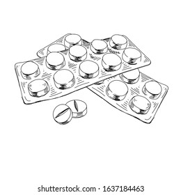 Blister package with pills, capsules, tablets. Hand drawn retro vector illustration. Healthcare medical, vintage-style sketch isolated on white background.