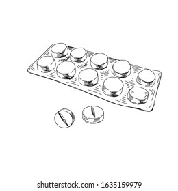 Blister package with pills or tablets. Hand drawn retro vector illustration. Healthcare medical, vintage-style sketch isolated on white background.
