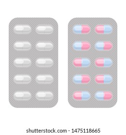 Blister packs capsule pills realistic vector set. Pharmacy isolated monochrome and colorful packagings. Aspirin, antibiotics or painkiller drugs.