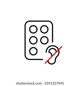 Blister of pill tablets and ear crossed symbol. Audiologist, otolaryngologist treating hearing loss. Health medication designed for deaf or hard-of-hearing patients. Pixel perfect, editable stroke vec