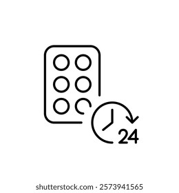 Blister of pills and 24 hours clock. Constant care and treatment, endless medication access. Pixel perfect vector icon