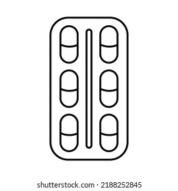 Un blister de pastillas. Un doodle de píldoras medicinales. Dibujo de contorno negro, icono lineal de cápsulas médicas, vitaminas, medicamentos