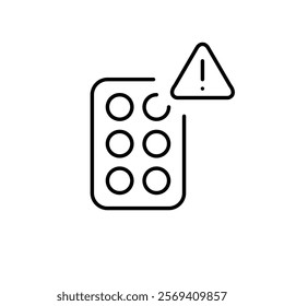 Blister of pills and exclamation mark in triangle. Medication warning, caution about usage, dosage, or potential side effects. Pixel perfect vector icon