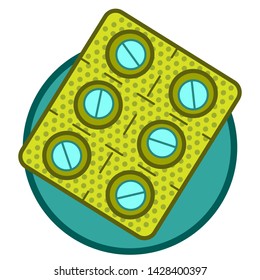 Blister with pills. The icon on the theme of food, health. Green colour, transparency