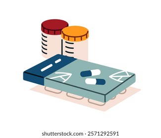 Blister of pills, plastic containers of remedy. Medical drug packs, painkiller cure tablets, aspirin. First aid pharmacy. Medicine, healthcare. Flat isolated vector illustration on white background