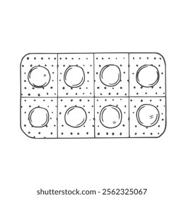 Blister with pills. Vector illustration. Sketch. Contour on an isolated background. Doodle style. The drug is sold without a prescription. Dosage form for the treatment of the disease. Medical topics.