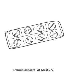 Blister with pills. Vector illustration. Sketch. Contour on an isolated background. Doodle style. The drug is sold without a prescription. Dosage form for the treatment of the disease. Medical topics.