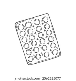 Blister with pills. Vector illustration. Sketch. Contour on an isolated background. Doodle style. The drug is sold without a prescription. Dosage form for the treatment of the disease. Medical topics.