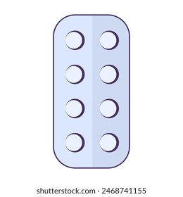 Blister with round small tablets icon. Painkiller release form, medical stroked cartoon element for modern and retro design. Simple color vector pictogram isolated on white background